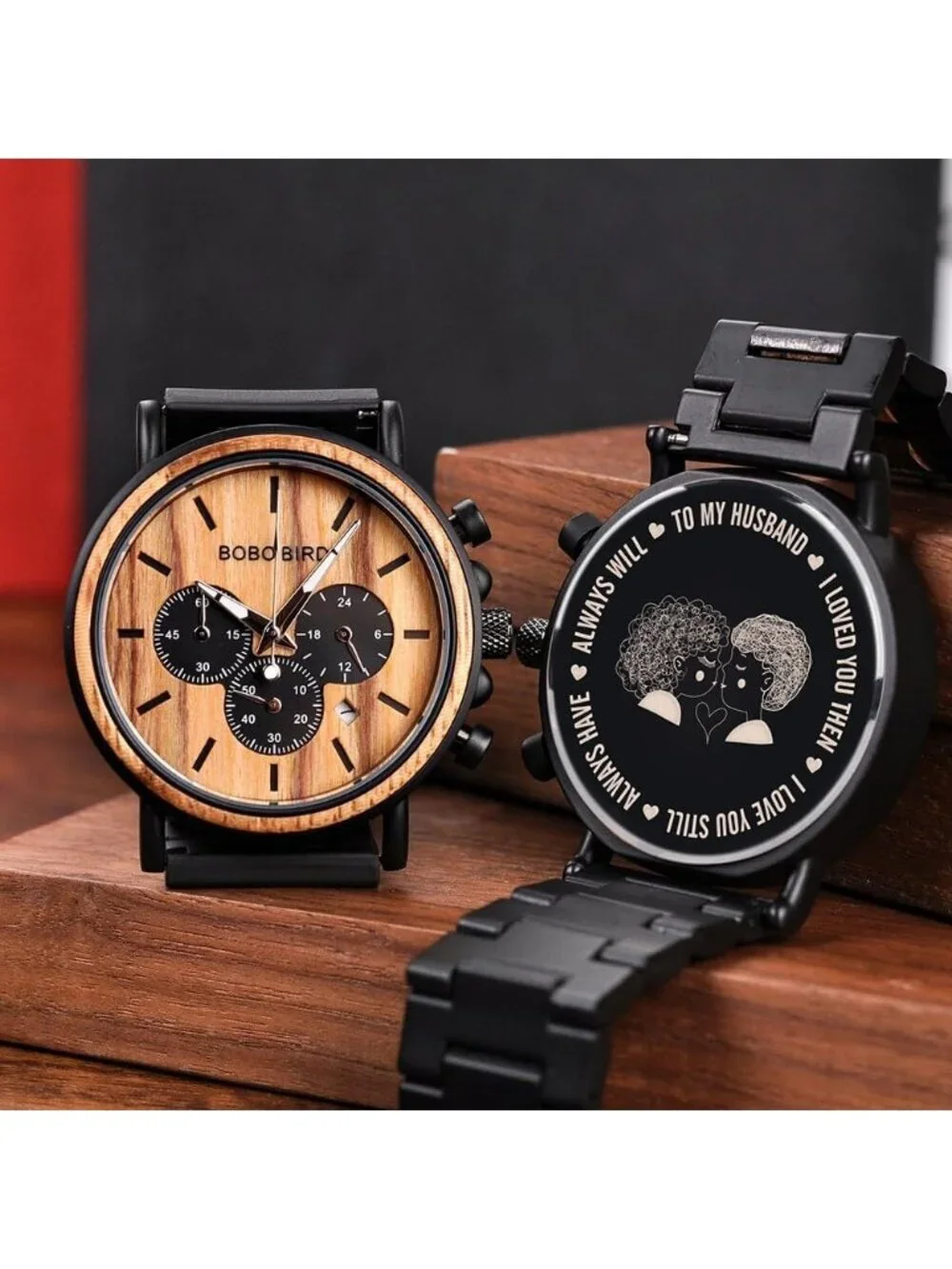 Men's Custom Watche Wood & Stainless Steel Combined Chronograph Military Quartz